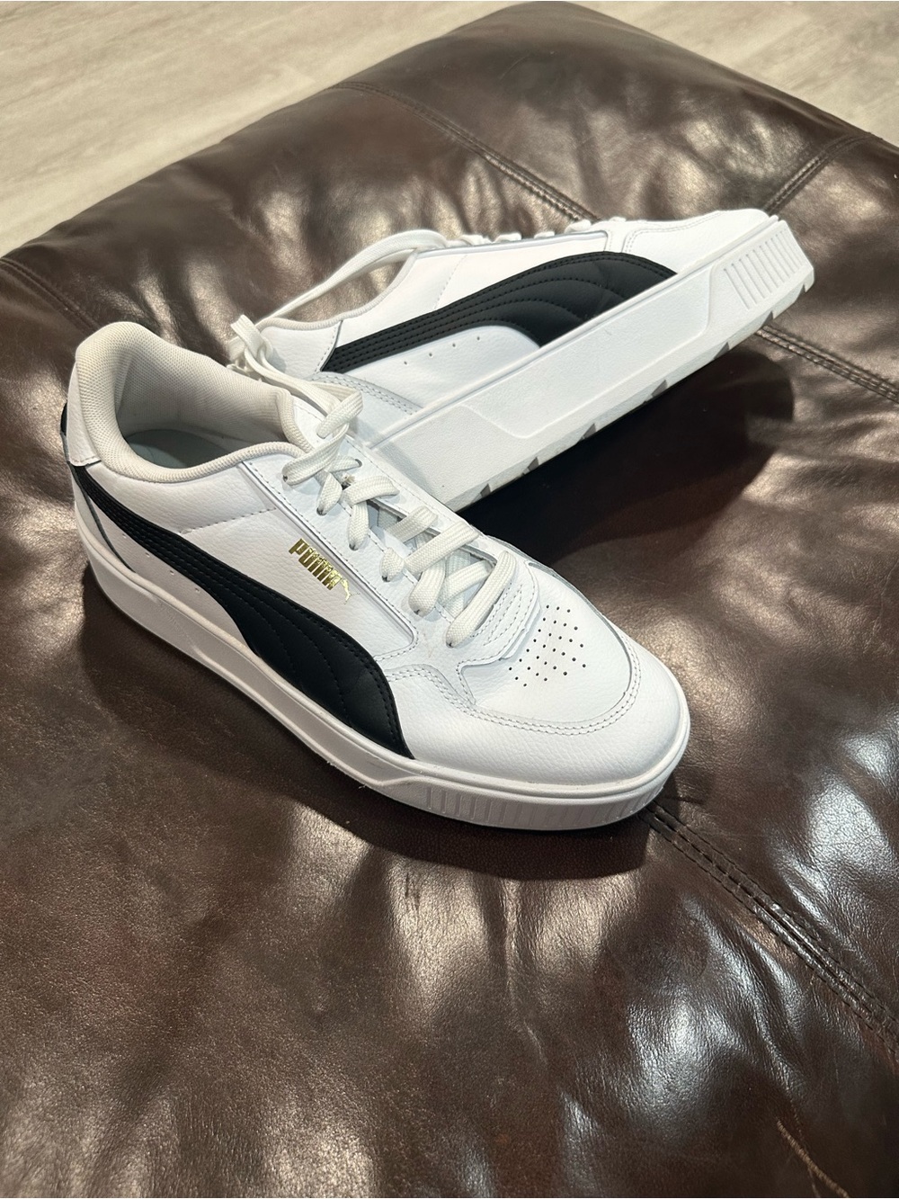 Puma Women White and Black Low-Top Sneakers with Gold Logo